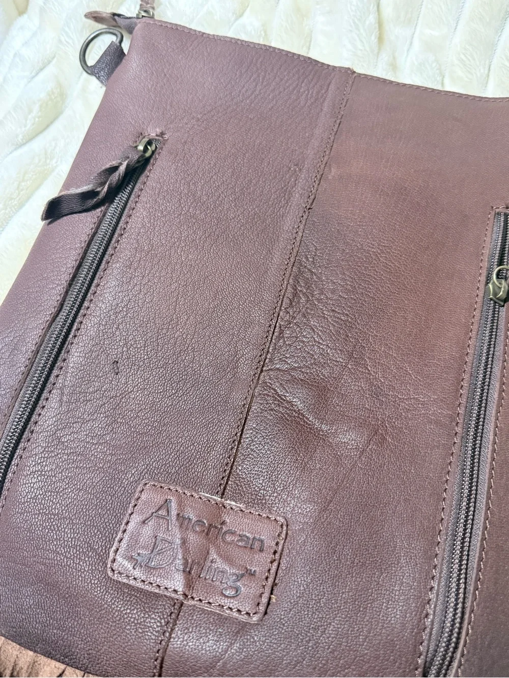 American Darling White Haircalf Crossbody with Brown Hand-Tooled Leather Fringe